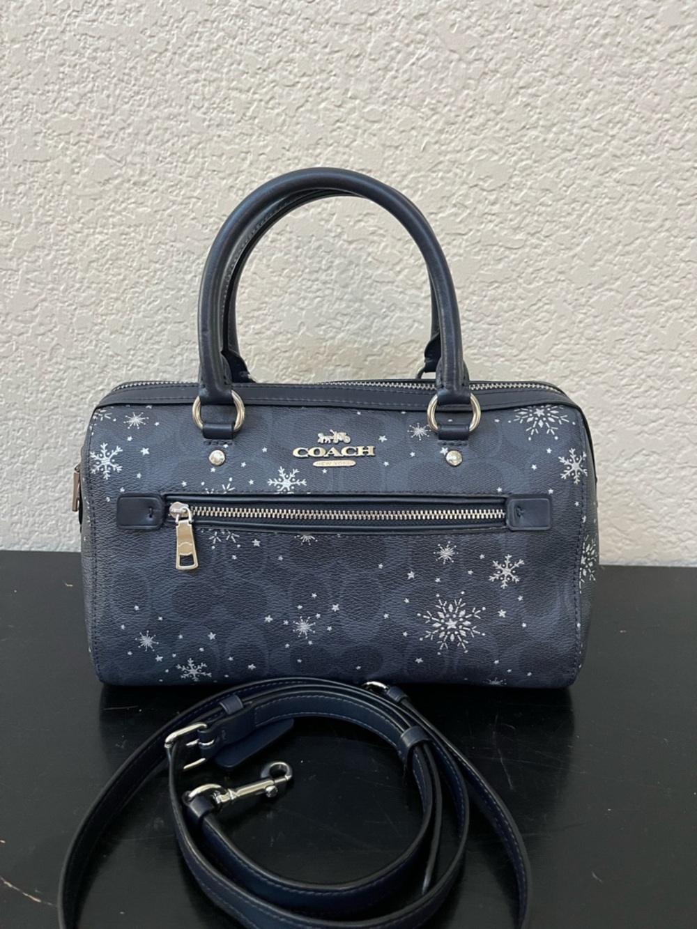 Coach Blue Satchel with White Snowflake Print - Picture 1 of 8